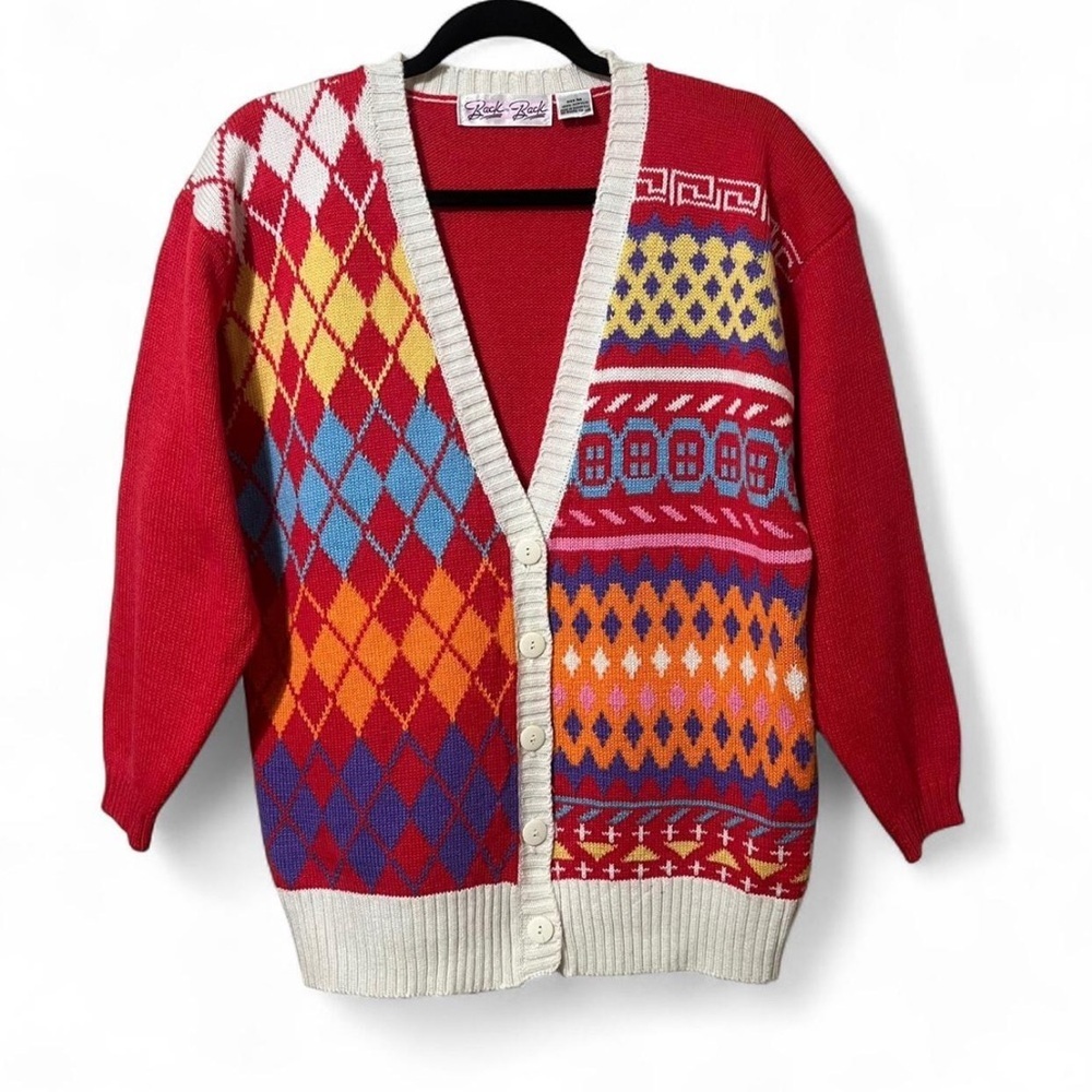 Vintage Argyle Print Multicolor Cardigan 100% Acrylic Size Medium